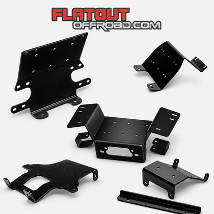 Collage of black steel quad bike and side-by-side winch mounting plates with the Flatout Offroad logo