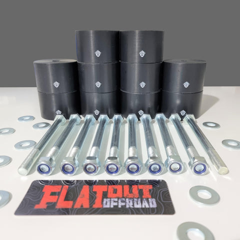 gu y61 patrol body lift kit with a grey and whit ebackground and flatout offroad logo