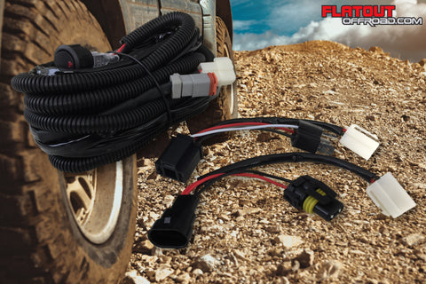 High beam to driving light plug and play wiring loom 12v double plug complete kit flat out off road